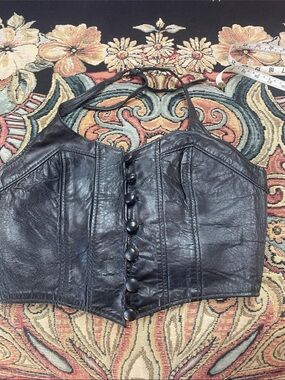 VINTAGE Easy Riders Black Leather Covered Button-Front Bustier Top